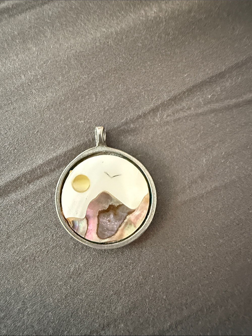 Round Abalone Shell Landscape Pendant in Iridescent Pink, purples and Cream